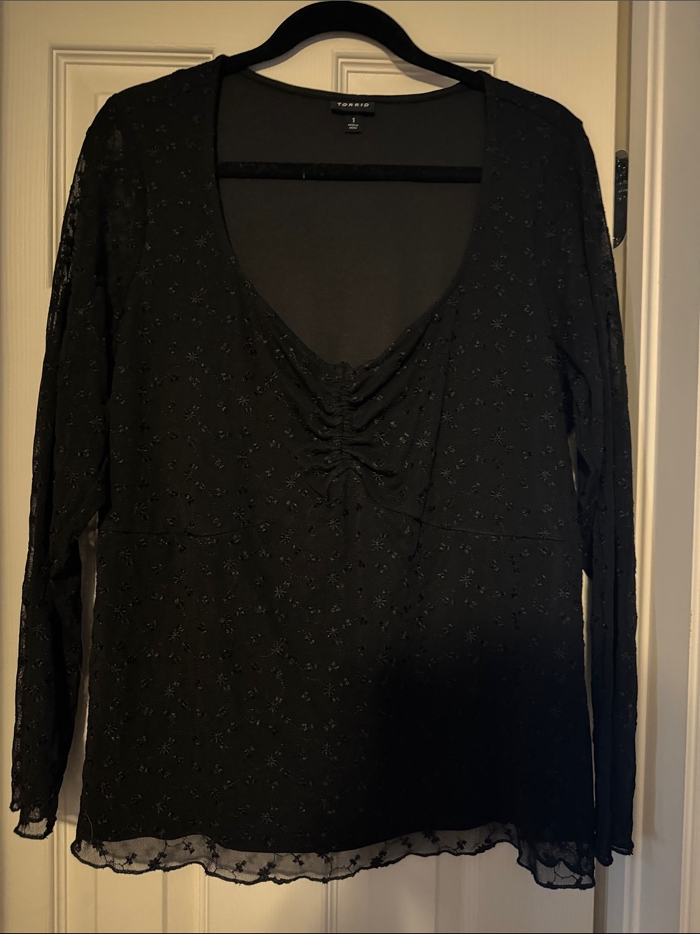torrid Black Long Sleeve Sheer Ruched V-Neck Top